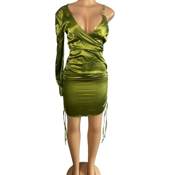 Pretty Little Things Olive Satin One Shoulder Ruched Bodycon Dress - Picture 3 of 10